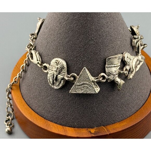 Vintage Egyptian Revival Charm Bracelet Sphinx Pharaoh Pyramid Scarab 9.5\